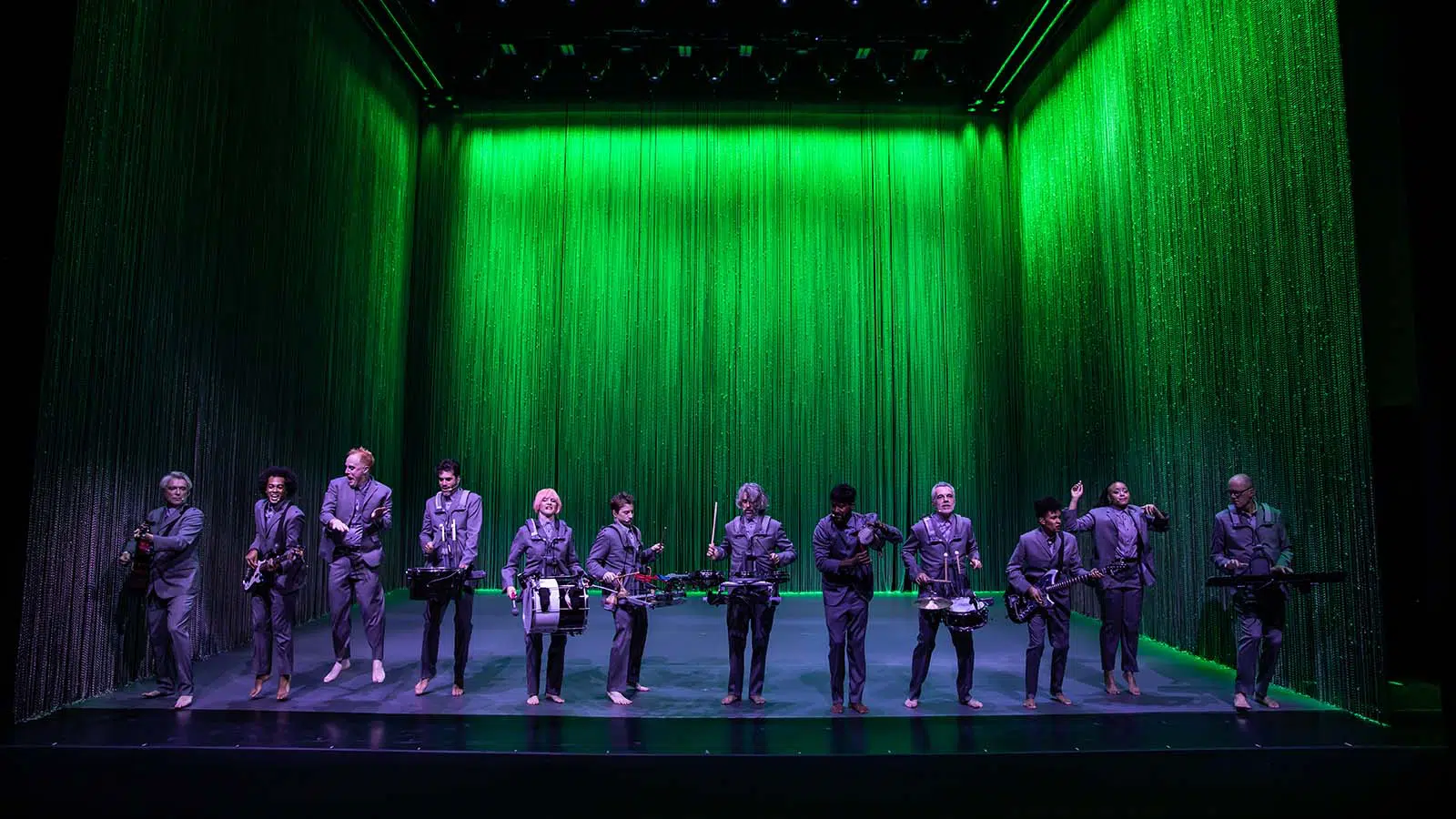 (L-R): David Byrne, Bobby Wooten III, Chris Giarmo, Daniel Freedman, Jacquelene Acevedo, Tim Keiper, Mauro Refosco, Gustavo Di Dalva, Stéphane San Juan, Angie Swan, Tendayi Kuumba, and Karl Mansfield